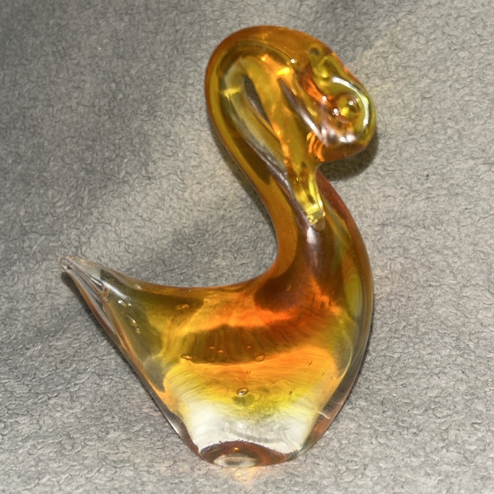 Murano Glass Amber Swan Paperweight Italy Vintage